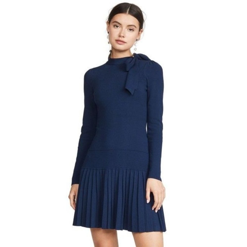 Shoshanna Navy Bow-Accent Long Sleeve Pleated Mini Dress